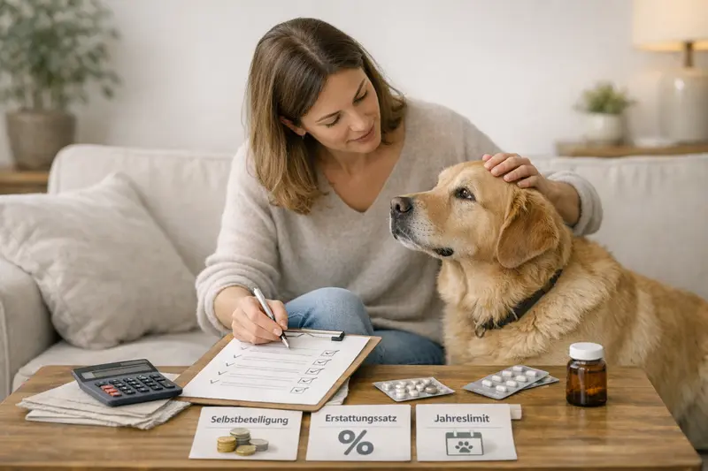 Tierhalter prüft die Tarifpunkte einer Hunde-Krankenversicherung für optimale Erstattung.