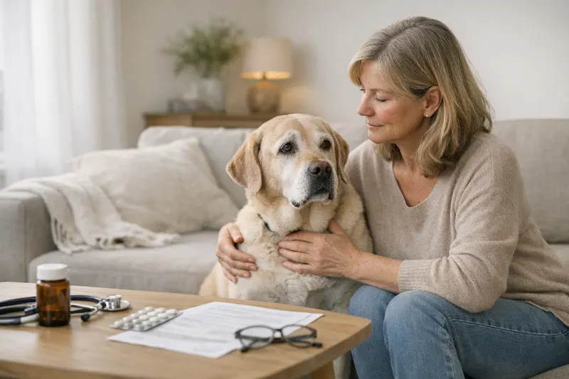 Älterer Hund beim Tierarzt Ein älterer Hund wirkt aufmerksam, während er beim Tierarzt untersucht wird.