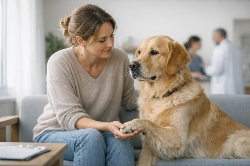 Ein glücklicher Hund beim Tierarzt, der eine Behandlung erhält.