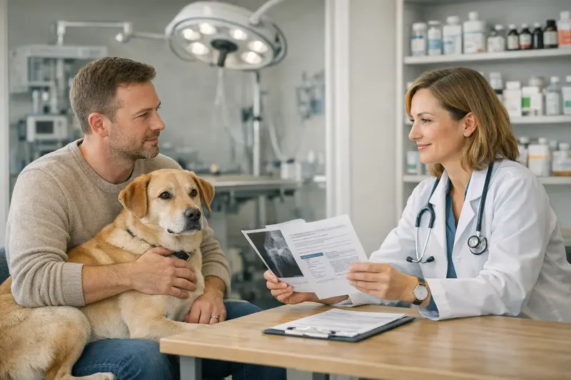 Tierärztliche Untersuchung eines Hundes Ein Hund bei der tierärztlichen Untersuchung, symbolisiert die Bedeutung von Krankenversicherungen für Haustiere.