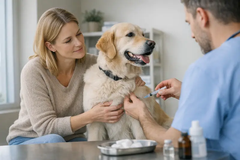 Hund beim Tierarzt Ein glücklicher Hund beim Tierarzt zur Vorsorgeuntersuchung