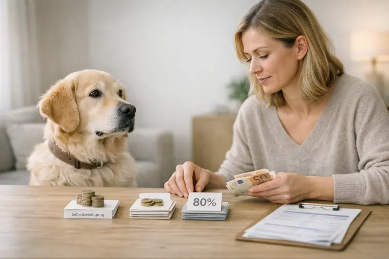 Erklärung des Unterschieds zwischen Selbstbeteiligung und Erstattungsquote in einer Hundekrankenversicherung.