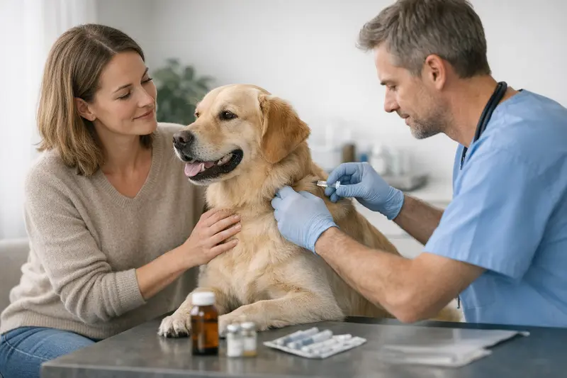Hund mit Tierarzt - Vorsorge in der Hundekrankenversicherung Ein Hund beim Tierarzt, der eine Impfung erhält, symbolisiert die Frage zu Vorsorgeleistungen in der Hundekrankenversicherung.