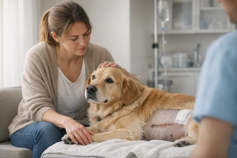 Kaiserschnitt beim Hund – Kosten und Absicherung Hund vor einem Tierarzt und einer medizinischen Ausrüstung, der auf einen möglichen Kaiserschnitt untersucht wird.