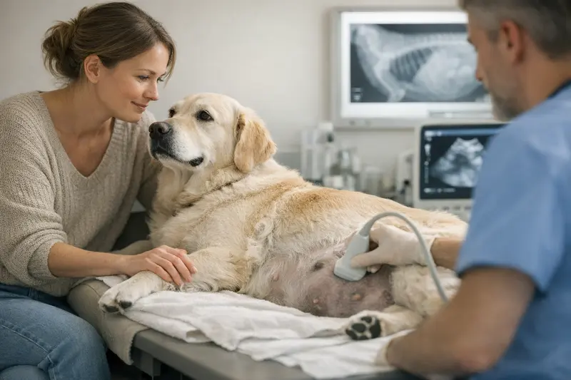 Ultraschalluntersuchung trächtiger Hündin Ultraschalluntersuchung einer trächtigen Hündin beim Veterinär.