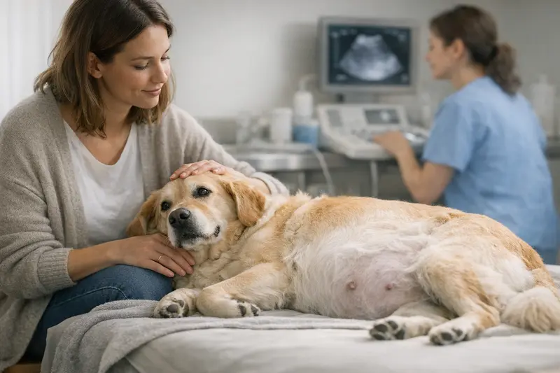Hundekrankenversicherung Trächtigkeit und Geburt Hündin mit Welpen, die sich um Gesundheit und Betreuung während der Trächtigkeit kümmert.