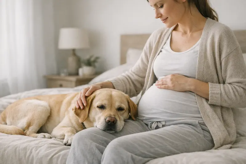 Wartezeiten bei Hundekrankenversicherung und Trächtigkeit Schwangere Hündin mit Tierarzt, bespricht Wartezeiten der Versicherung für die Trächtigkeit.