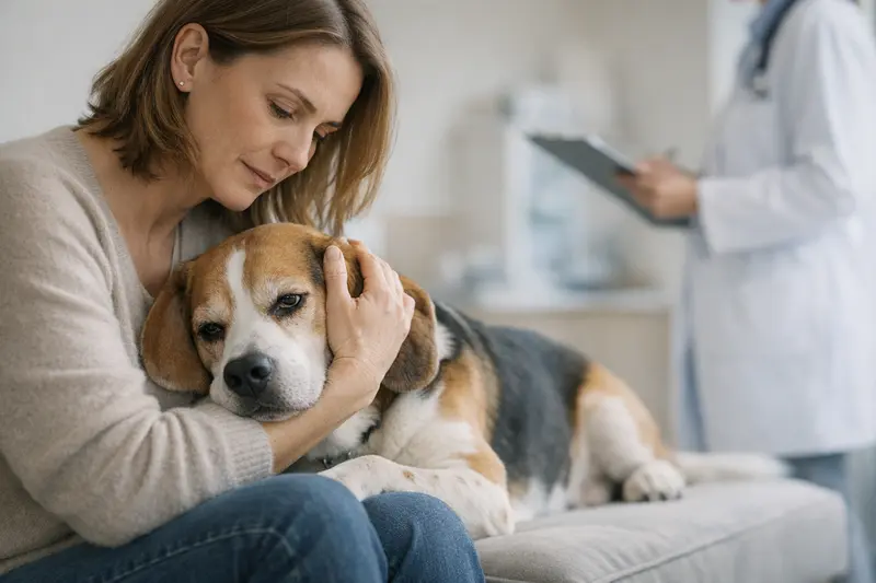 Tierarztuntersuchung bei Hund mit Innenohrproblemen Ein Hundefutter bestehend aus einem Labrador, der an einer Innenohrschwäche leidet und beim Tierarzt untersucht wird.