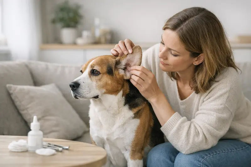 Hundehalter konsultiert Tierarzt über Vorsorge bei Ohrproblemen.