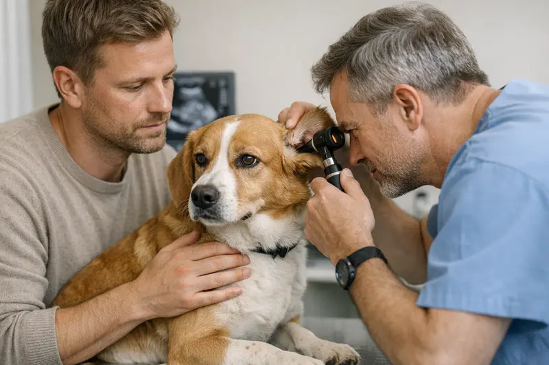 Tierarzt untersucht Hund mit Innenohrproblemen.