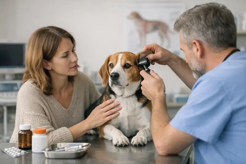Hund beim Tierarzt für Diagnostik Ein Hund beim Tierarzt für eine Diagnosestellung zu Gesundheitsproblemen.