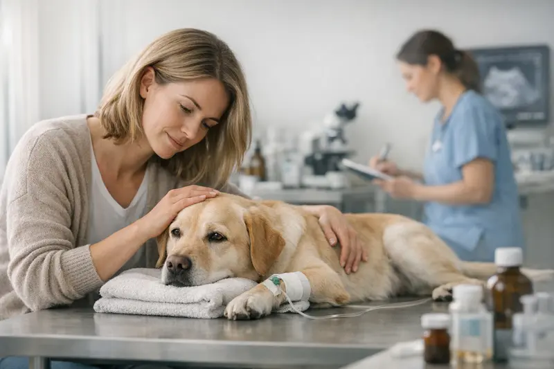 Hund beim Tierarzt Ein Hund beim Tierarzt zur Untersuchung, um Krankheitskosten zu klären.
