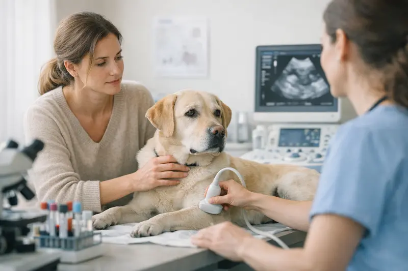 Hund mit Ultraschalluntersuchung beim Tierarzt Ein Hundefreund beim Tierarzt, der eine Ultraschalluntersuchung erhält.