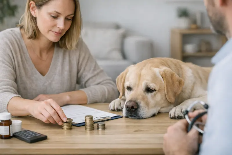 Hundehalter bespricht mit Tierarzt die Kosten der Behandlung, einschließlich Selbstbeteiligung.