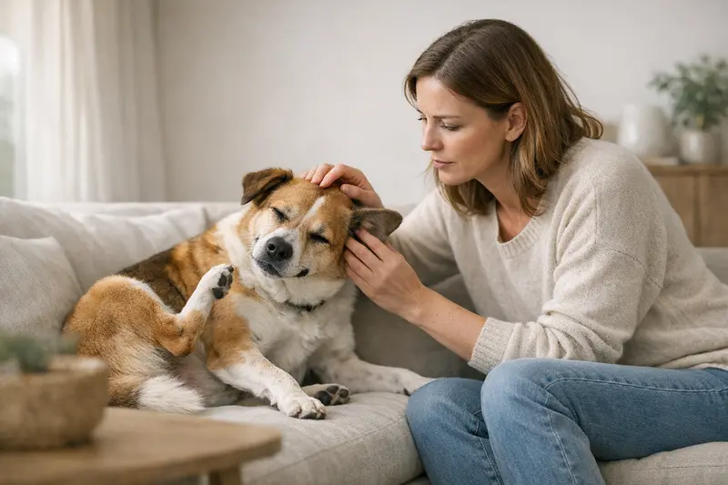 Ein Hund kratzt sich an der Vorderpfote, ohne sichtbare Hautveränderungen zu zeigen.