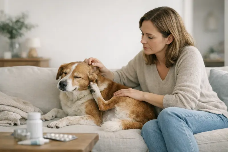 Hundehalter bespricht tierärztliche Behandlungskosten für Haut- und Ohrenprobleme mit einem Tierarzt.
