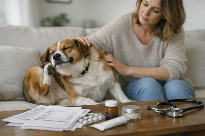 Hautprobleme bei Hunden erkennen Ein Hund kratzt sich und zeigt Anzeichen von Hautproblemen, während er beim Tierarzt behandelt wird.