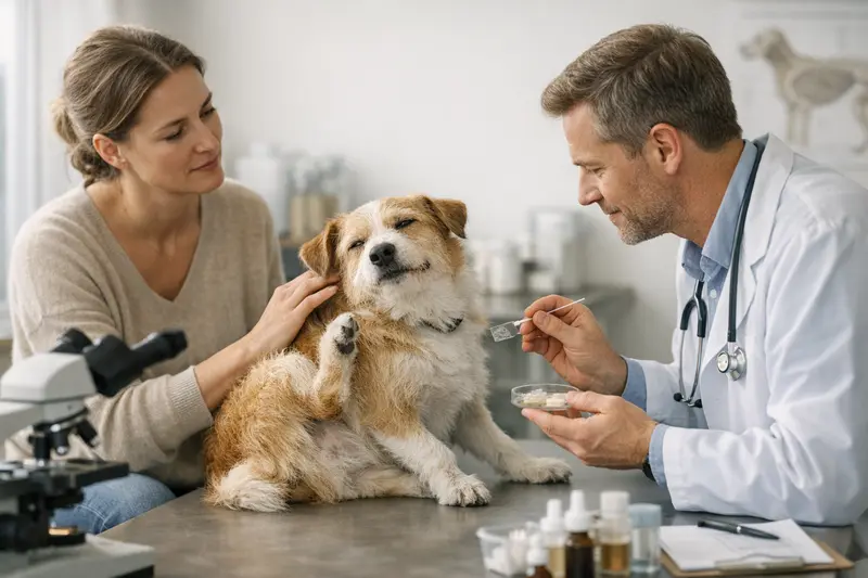 Ein Hund beim Tierarzt, der auf Juckreiz untersucht wird.