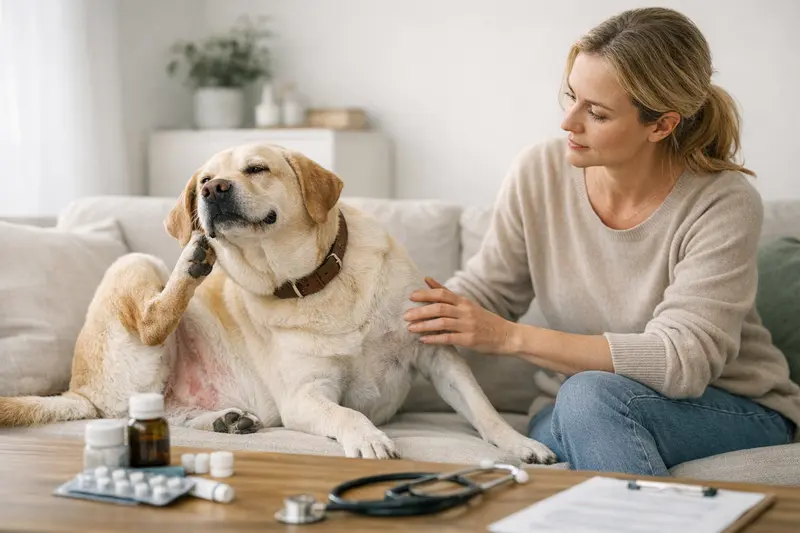 Hund mit Hautproblemen erhält tierärztliche Untersuchung.