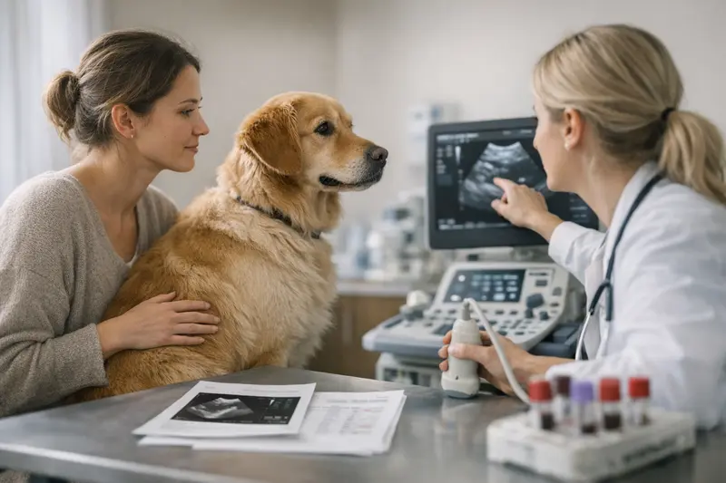 Tierarztuntersuchung nach der Läufigkeit Tierarzt untersucht einen Hund nach der Läufigkeit.