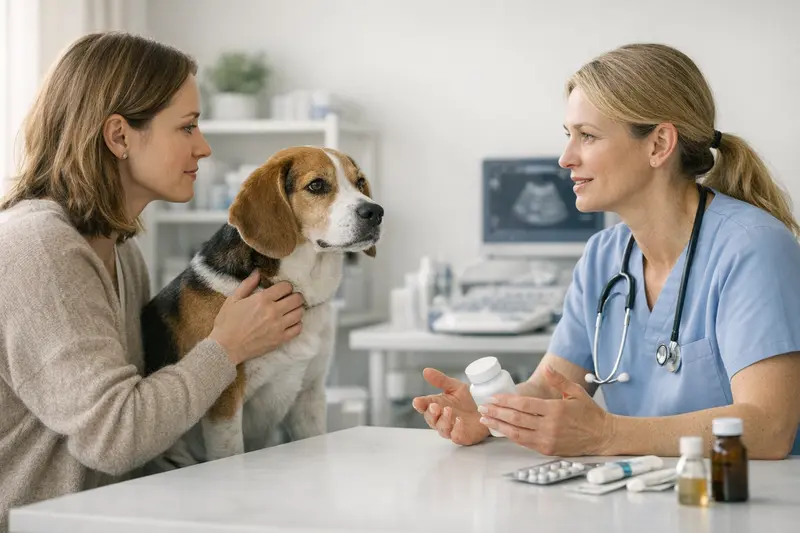 Hundehalterin mit ihrem Hund beim Tierarzt für eine anschließende Gesundheitsuntersuchung.