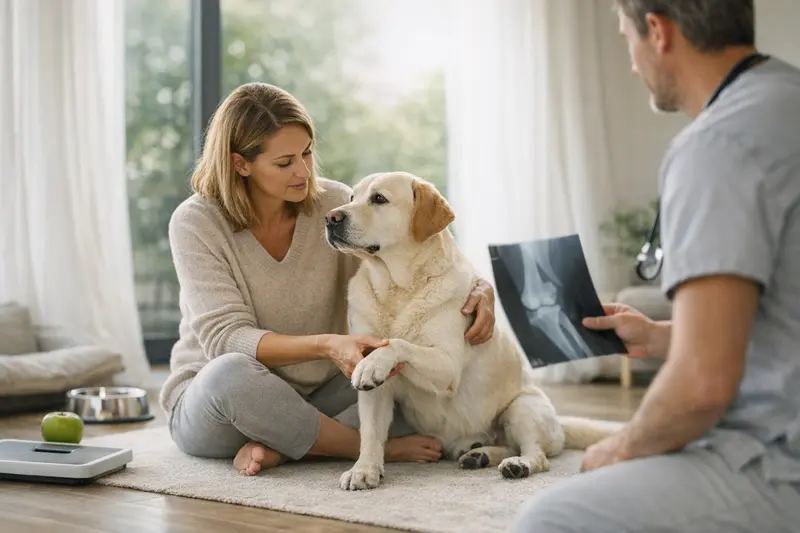 Ein gesunder Hund bei einem Tierarzttermin zur Vorsorgeuntersuchung.