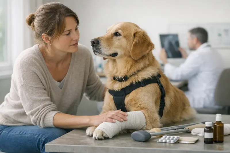 Lahmheit bei Hunden: Tierarztuntersuchung Ein Hund wird von einem Tierarzt auf Lahmheit untersucht, während der Besitzer besorgt zuschaut.