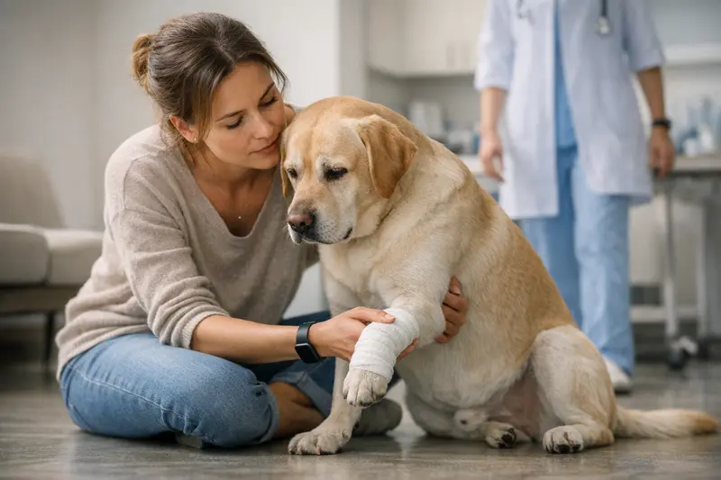 Hund zum Tierarzt bei Lahmheit Ein Hund mit Lahmheit wird von seinem Besitzer liebevoll zum Tierarzt gebracht.