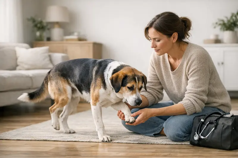 Hund mit Lahmheit und Entspannung Ein Hund mit leichter Lahmheit, der sich nach einer kurzen Schonungsphase entspannt.