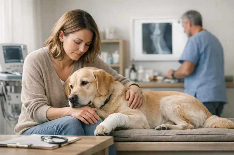 Tierarztuntersuchung Hund Lahmheit Ein Hund wird von einem Tierarzt untersucht, während sein Besitzer besorgt anspricht, ob ein OP-Schutz bei Lahmheit ausreicht.