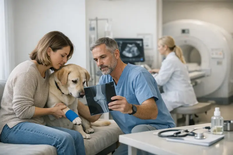 Tierarzt untersucht einen lahmenden Hund auf mögliche Ursachen.