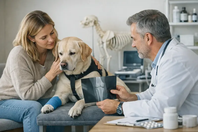 Hund untersuchen für Krankenversicherung Ein Hund beim Tierarzt, der auf Lahmheit untersucht wird, um passende Tarifdetails für die Krankenversicherung zu klären.