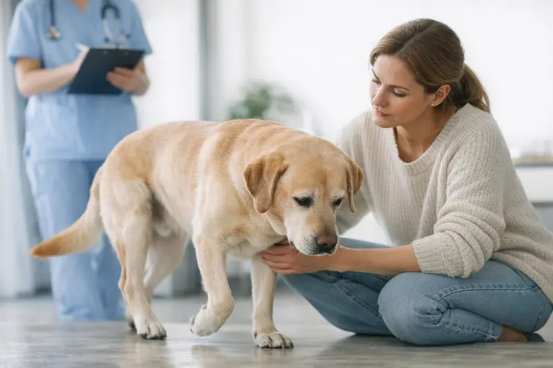 Lahmheit bei Hunden untersuchen lassen Anzeige von einem lahmenden Hund, der tierärztlich untersucht wird.