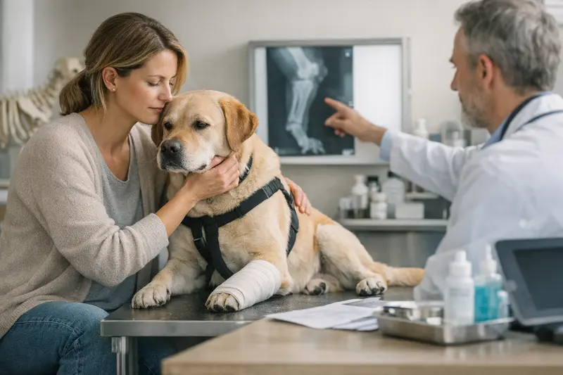 Ein Hund beim Tierarzt, der auf Lahmheit untersucht wird, um die passende Behandlung zu bestimmen.