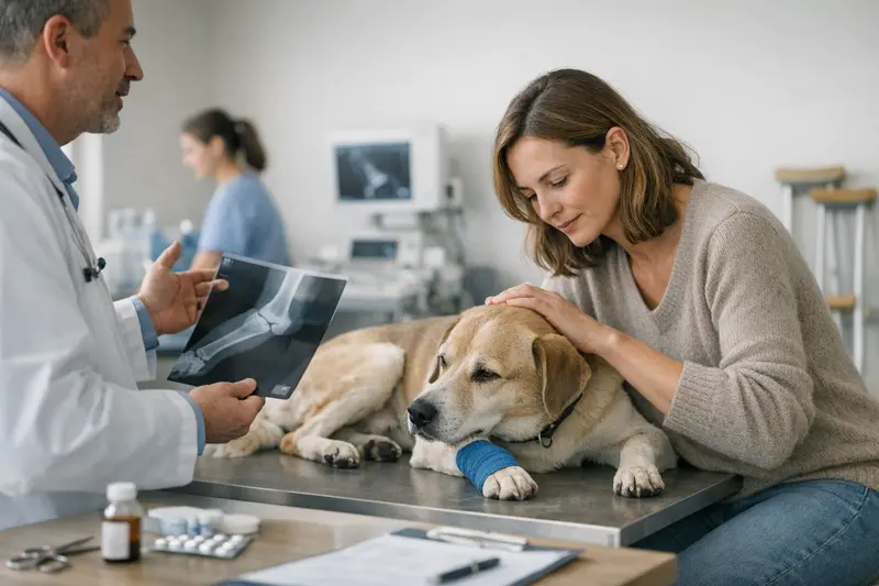 Hundelähmung Behandlungskosten Ein Hund mit einer medizinischen Untersuchung aufgrund von Lahmheit und möglichen Kosten für die Behandlung.