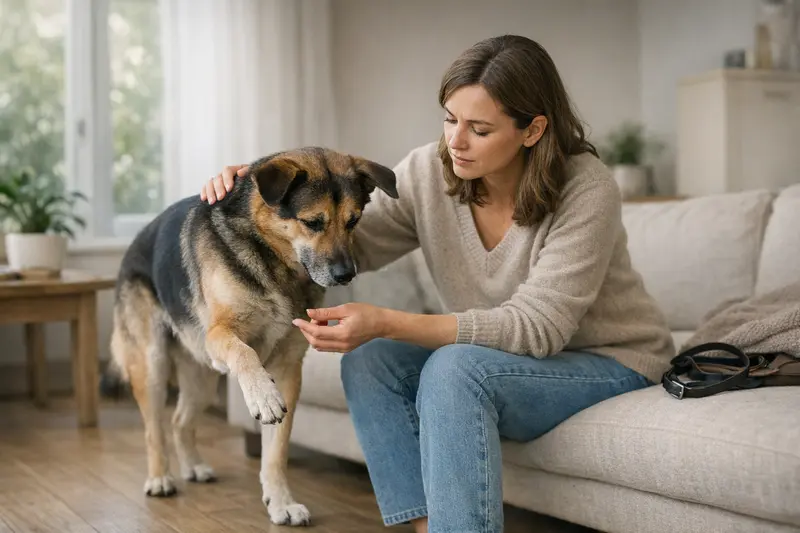 Hund bei Tierarzt wegen Lahmheit Ein Hund mit einem lädierten Bein, der bei einem Tierarzt untersucht wird.