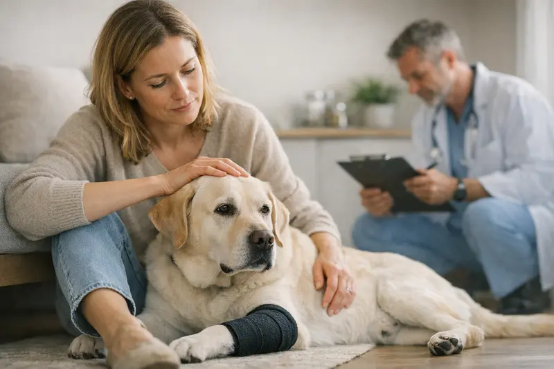 Hund beim Tierarzt wegen Lahmheit Ein Hund untersucht beim Tierarzt seine Lahmheit, was wichtige Fragen zu Versicherungsleistungen aufwirft.