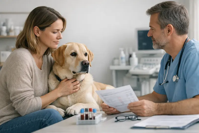 Tierarztbesuch bei erhöhten Leberwerten Tierarzt untersucht Hund mit erhöhten Leberwerten.