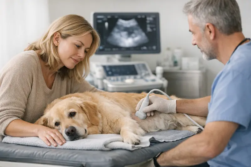 Ultraschalluntersuchung bei Hunden Tierarzt untersucht einen Hund mit Ultraschallgerät zur Diagnostik.