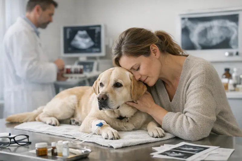 Tierarzt untersucht Bluttest bei einem Hund.