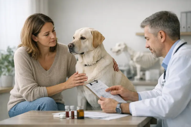 Tierarztuntersuchung Hund Leberwerte Ein Hund wird vom Tierarzt untersucht, um die Leberwerte zu überprüfen und mögliche Befunde zu besprechen.