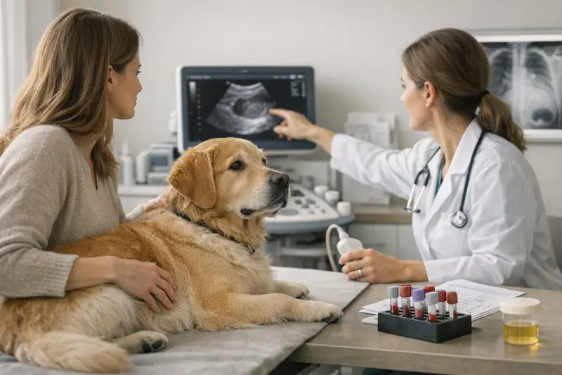 Untersuchungen bei auffälligen Leberwerten Tierarzt untersucht einen Hund mit auffälligen Leberwerten