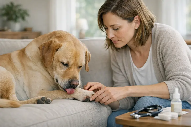 Hund leckt Pfote - Gesundheitshinweise Ein Hund leckt seine Pfote, was auf mögliche gesundheitliche Probleme hinweisen kann.