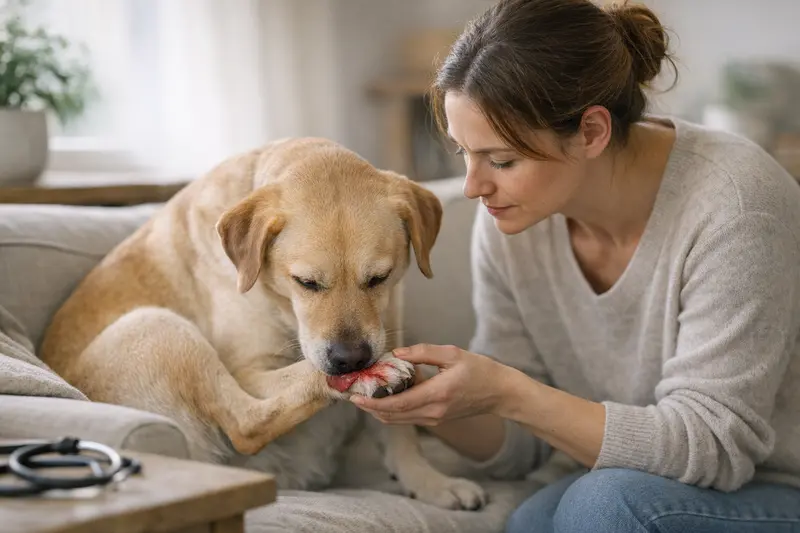 Pfotenlecken bei Hunden: Alarmzeichen oder normale Pflege? Ein Hund leckt intensiv seine Pfote, was Fragen zur Gesundheit und Pflege aufwirft.
