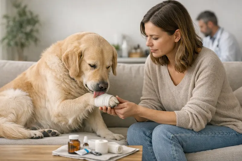 Hund leckt Pfote - Gesundheitsprobleme erkennen Ein Hund, der sich seine Pfote leckt, während er auf einem weichen Kissen sitzt.