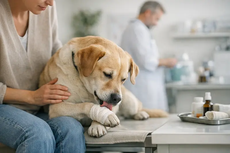 Ein Hund mit einer Bandage an der Pfote, der zum Tierarzt gebracht wird.
