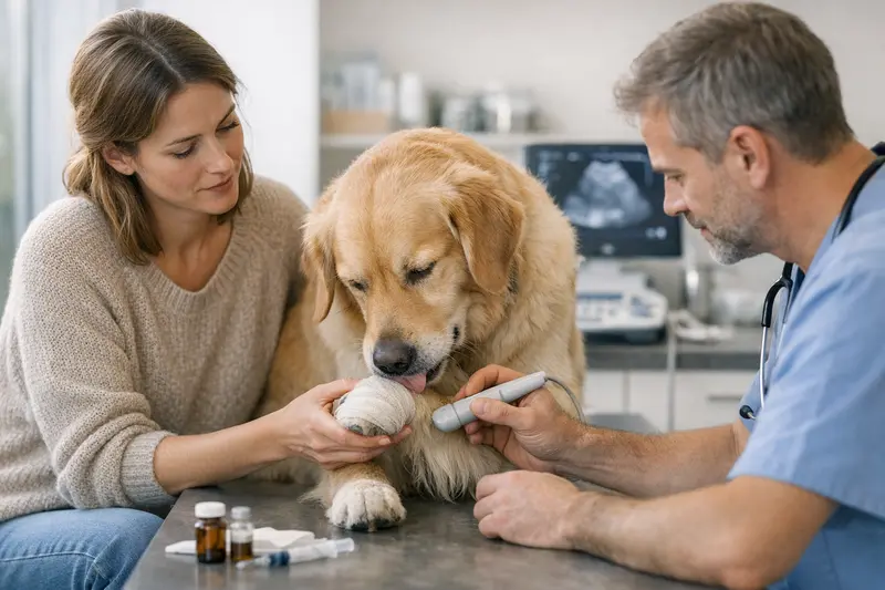 Tierarzt untersucht Hund mit Hautproblemen und erklärt die Kosten der Behandlung.
