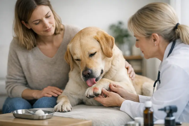 Hund leckt Pfote Ursachen Hund leckt seine Pfote, was auf mögliche gesundheitliche Probleme hinweisen kann.