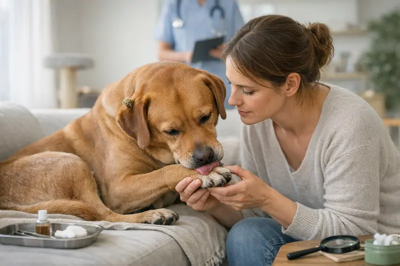 Hund leckt Pfote Ursachen Ein Hund leckt sich an seiner Pfote, was auf mögliche gesundheitliche Probleme hinweist.