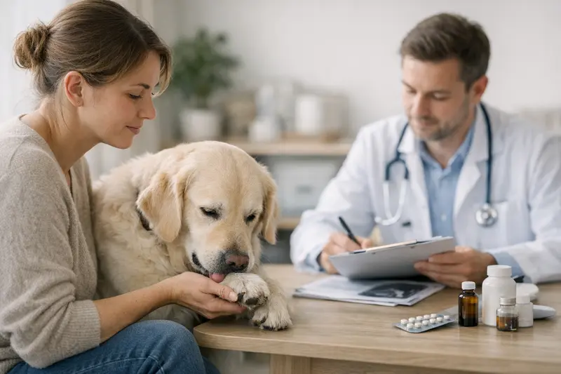Tierarztbesuch Hund Hund mit leuchtenden Augen, der auf seinem Tierarztbesuch wartet und Besitzer wirkt besorgt über die Tierarztkosten.